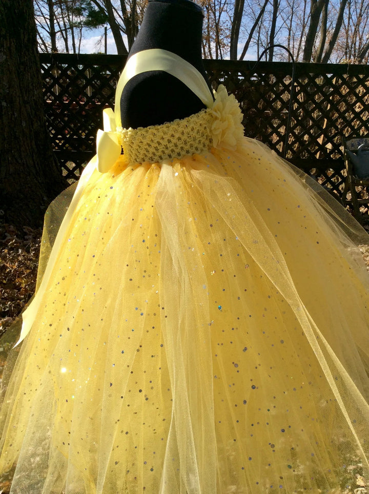 TinyTulle Elegant Yellow Sequin Tulle Flower Girl Ball Gown Dress with Bow Detail