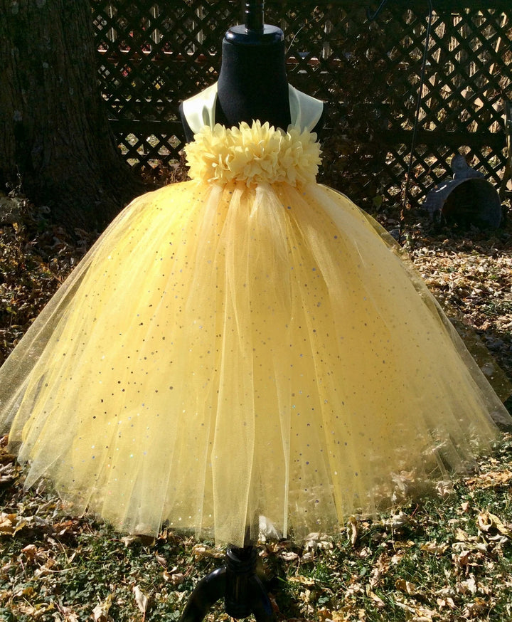 TinyTulle Elegant Yellow Sequin Tulle Flower Girl Ball Gown Dress with Bow Detail