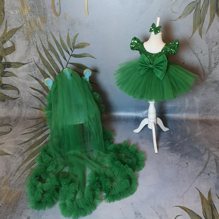 TinyTulle Emerald Green Sequin Tulle Princess Flower Girl Dress with Matching Ruffle Train