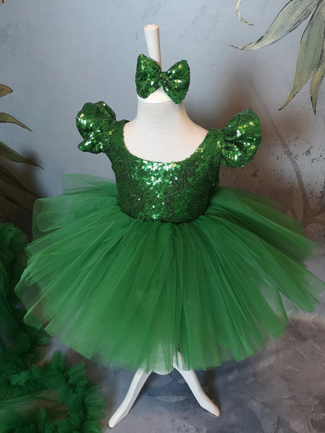 TinyTulle Emerald Green Sequin Tulle Princess Flower Girl Dress with Matching Ruffle Train