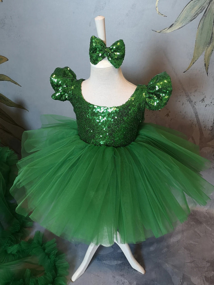 TinyTulle Emerald Green Sequin Tulle Princess Flower Girl Dress with Matching Ruffle Train