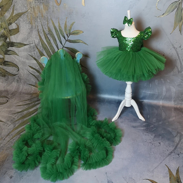 TinyTulle Emerald Green Sequin Tulle Princess Flower Girl Dress with Matching Ruffle Train
