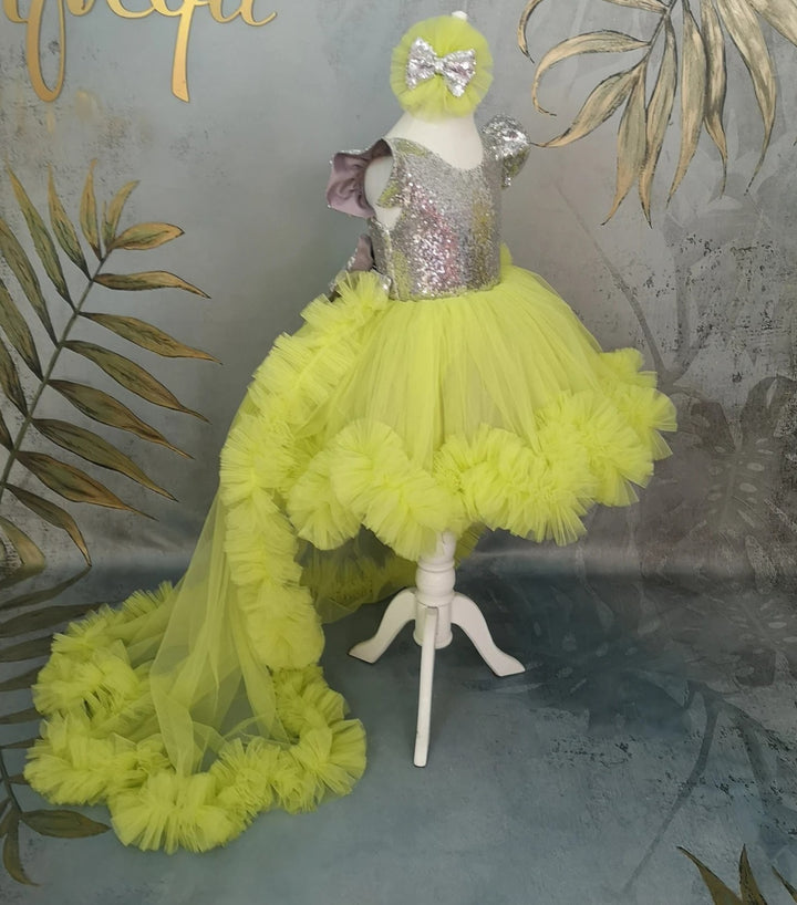 TinyTulle Lime Green Sequin Tulle Flower Girl Dress with Long Detachable Train