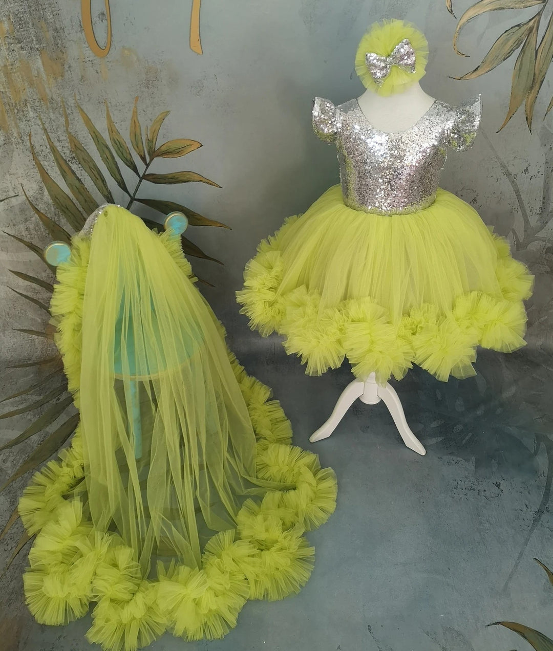 TinyTulle Lime Green Sequin Tulle Flower Girl Dress with Long Detachable Train