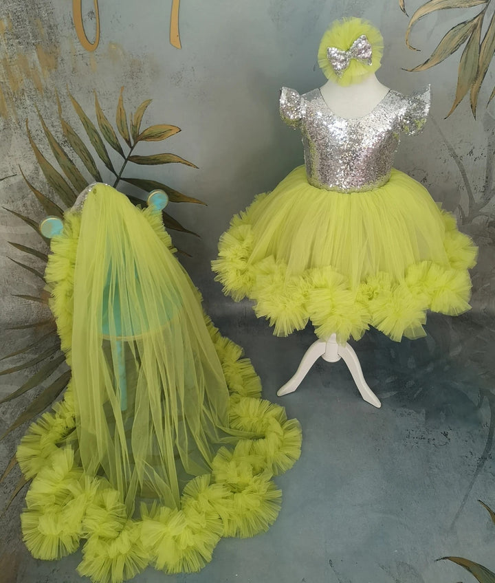 TinyTulle Lime Green Sequin Tulle Flower Girl Dress with Long Detachable Train