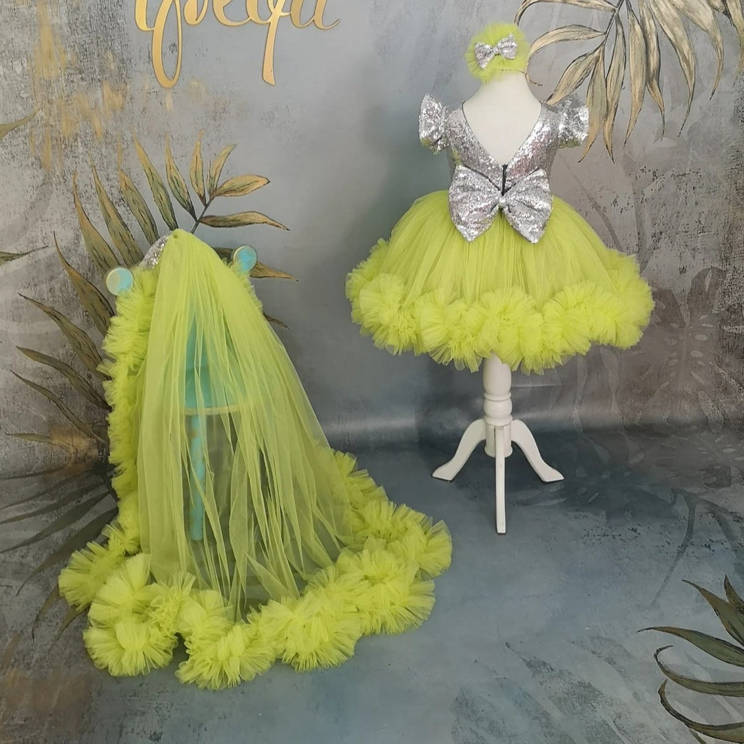 TinyTulle Lime Green Sequin Tulle Flower Girl Dress with Long Detachable Train