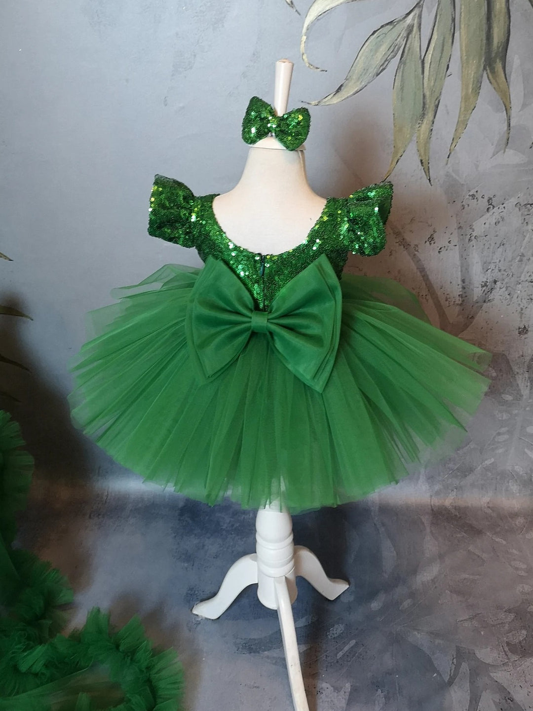 TinyTulle Emerald Green Sequin Tulle Princess Flower Girl Dress with Matching Ruffle Train