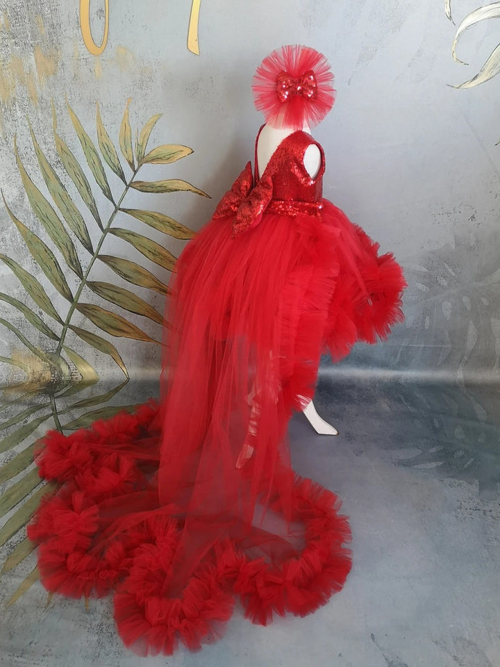 TinyTulle Sparkling Red Princess Flower Girl Dress with Bow &amp; Detachable Train