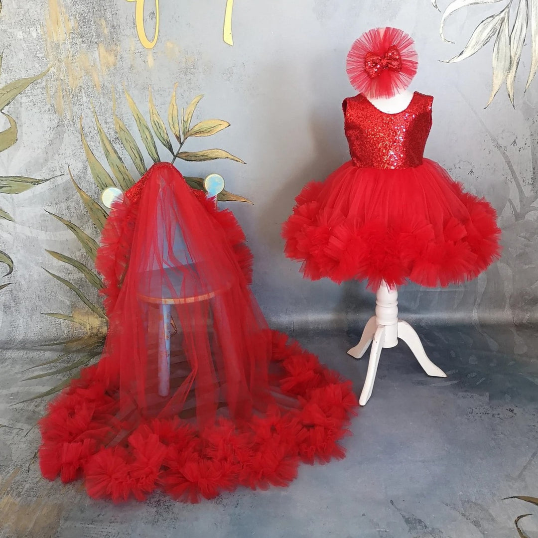 TinyTulle Sparkling Red Princess Flower Girl Dress with Bow &amp; Detachable Train