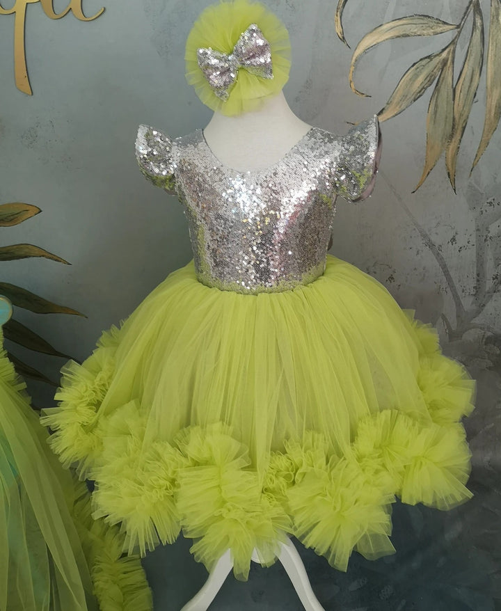 TinyTulle Lime Green Sequin Tulle Flower Girl Dress with Long Detachable Train