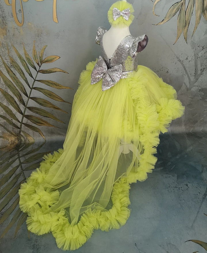 TinyTulle Lime Green Sequin Tulle Flower Girl Dress with Long Detachable Train