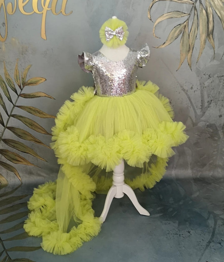 TinyTulle Lime Green Sequin Tulle Flower Girl Dress with Long Detachable Train