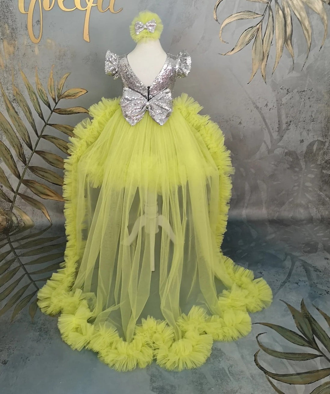 TinyTulle Lime Green Sequin Tulle Flower Girl Dress with Long Detachable Train