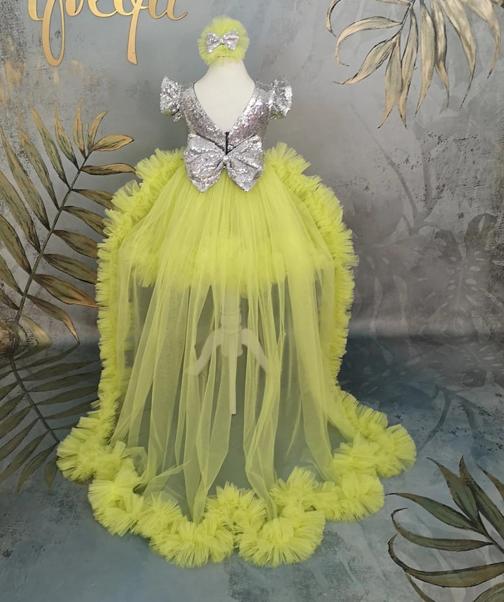 TinyTulle Lime Green Sequin Tulle Flower Girl Dress with Long Detachable Train