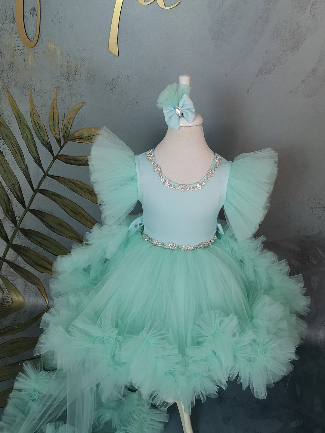 TinyTulle Mint Green Puff Sleeve Tulle Flower Girl Dress with Rhinestone &amp; Detachable Train