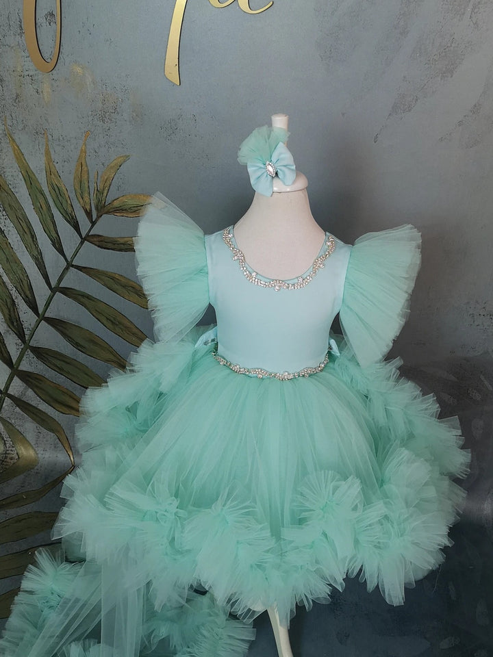 TinyTulle Mint Green Puff Sleeve Tulle Flower Girl Dress with Rhinestone &amp; Detachable Train