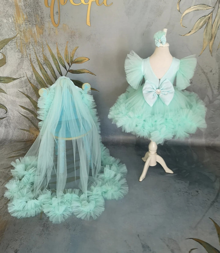 TinyTulle Mint Green Puff Sleeve Tulle Flower Girl Dress with Rhinestone &amp; Detachable Train