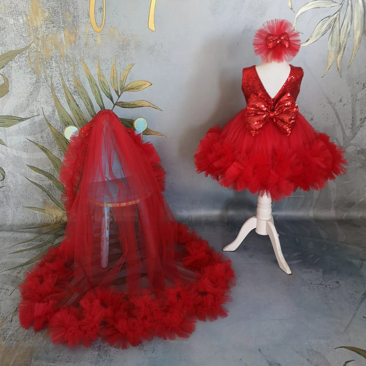 TinyTulle Sparkling Red Princess Flower Girl Dress with Bow &amp; Detachable Train