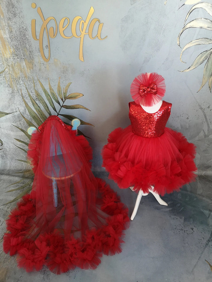 TinyTulle Sparkling Red Princess Flower Girl Dress with Bow &amp; Detachable Train