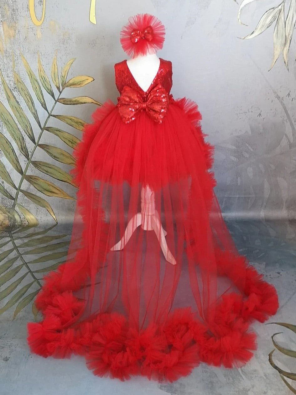 TinyTulle Sparkling Red Princess Flower Girl Dress with Bow &amp; Detachable Train