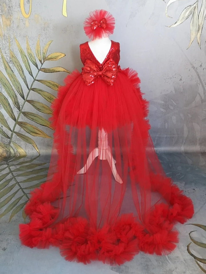 TinyTulle Sparkling Red Princess Flower Girl Dress with Bow &amp; Detachable Train