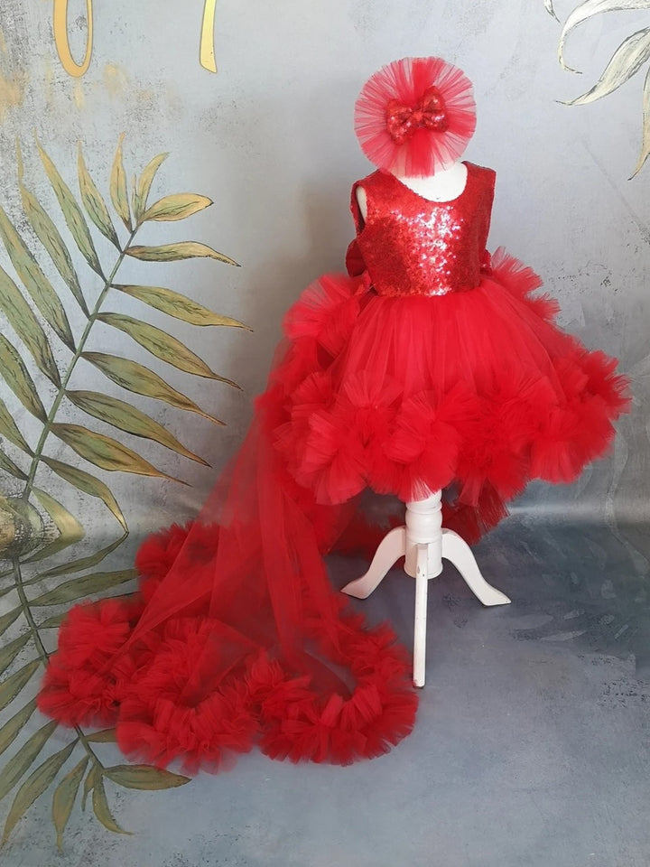 TinyTulle Sparkling Red Princess Flower Girl Dress with Bow &amp; Detachable Train