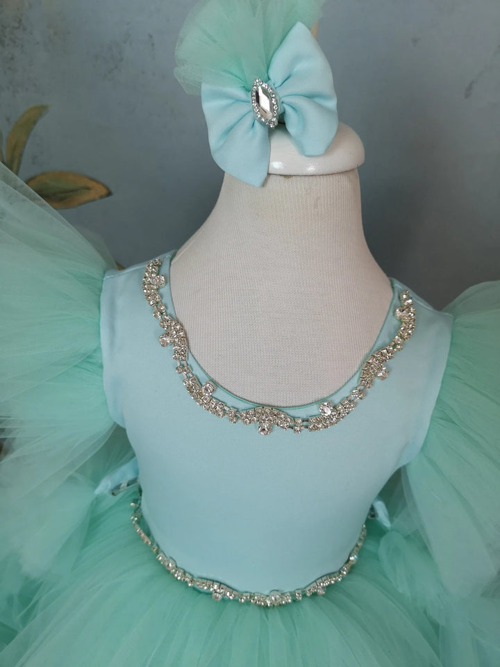 TinyTulle Mint Green Puff Sleeve Tulle Flower Girl Dress with Rhinestone &amp; Detachable Train