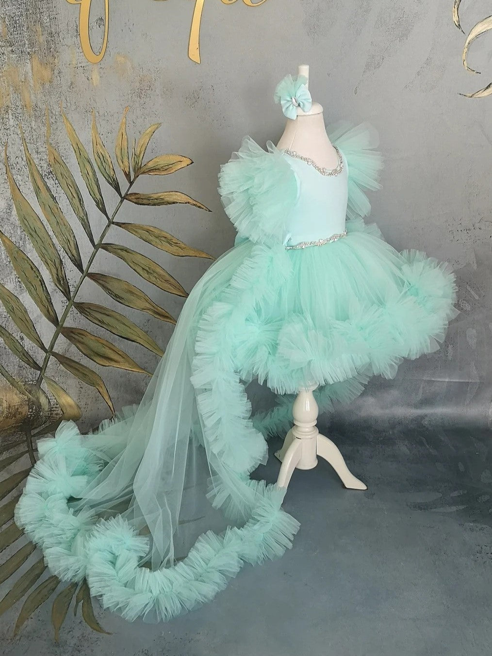 TinyTulle Mint Green Puff Sleeve Tulle Flower Girl Dress with Rhinestone &amp; Detachable Train