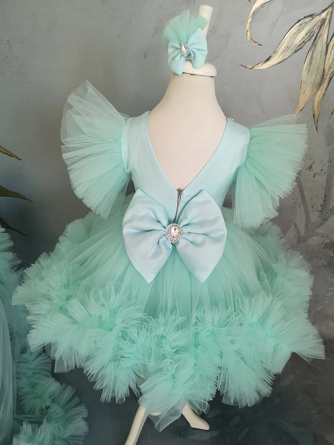 TinyTulle Mint Green Puff Sleeve Tulle Flower Girl Dress with Rhinestone &amp; Detachable Train