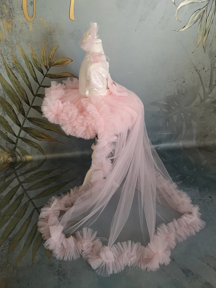 TinyTulle One Shoulder Sequin Tulle Flower Girl Dress with Detachable Train