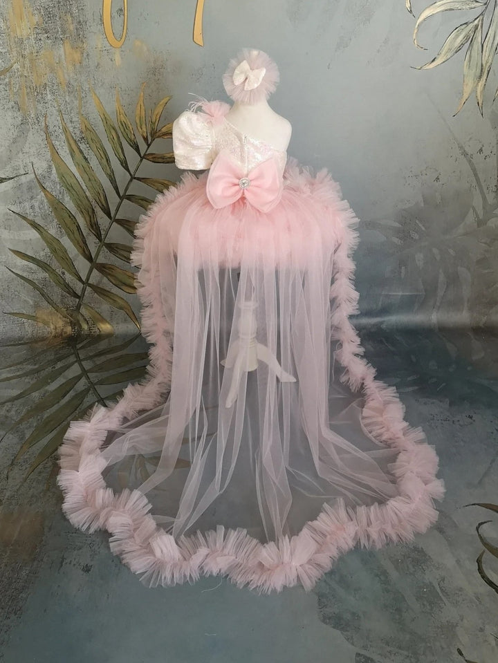 TinyTulle One Shoulder Sequin Tulle Flower Girl Dress with Detachable Train