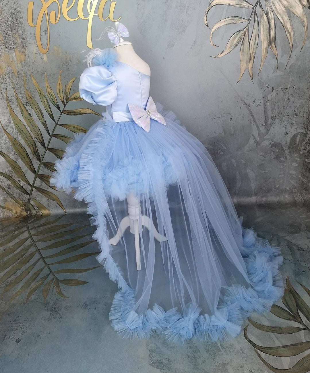 TinyTulle Light Blue One Shoulder Tulle Flower Girl Dress with Detachable Train