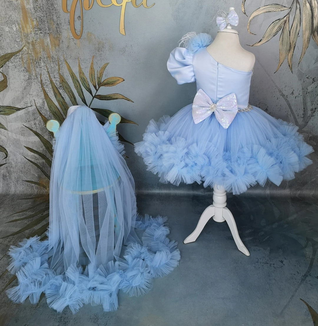 TinyTulle Light Blue One Shoulder Tulle Flower Girl Dress with Detachable Train