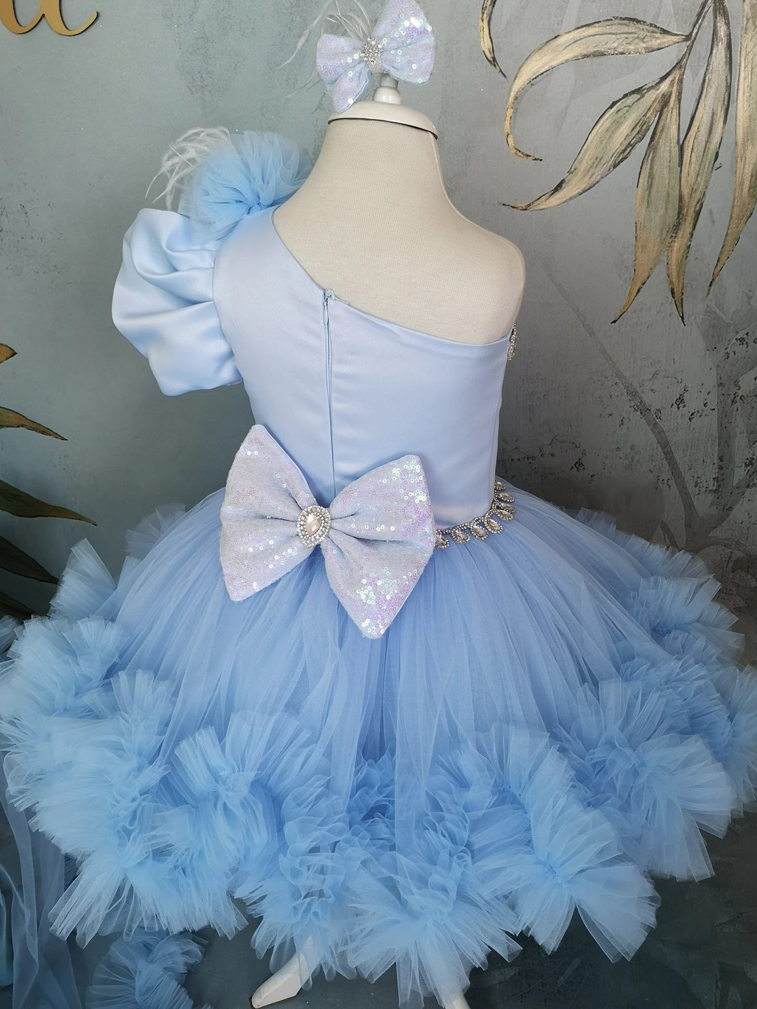 TinyTulle Light Blue One Shoulder Tulle Flower Girl Dress with Detachable Train