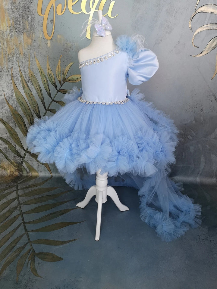 TinyTulle Light Blue One Shoulder Tulle Flower Girl Dress with Detachable Train