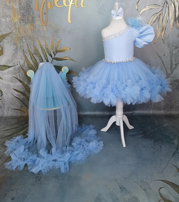 TinyTulle Light Blue One Shoulder Tulle Flower Girl Dress with Detachable Train