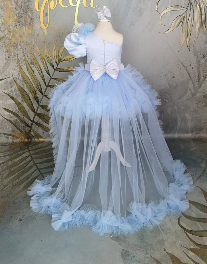TinyTulle Light Blue One Shoulder Tulle Flower Girl Dress with Detachable Train
