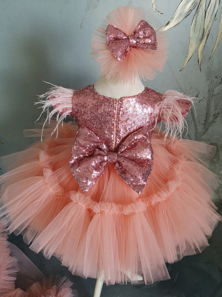 TinyTulle Elegant Coral Flower Girl Dress with Sequin Bow &amp; Detachable Train