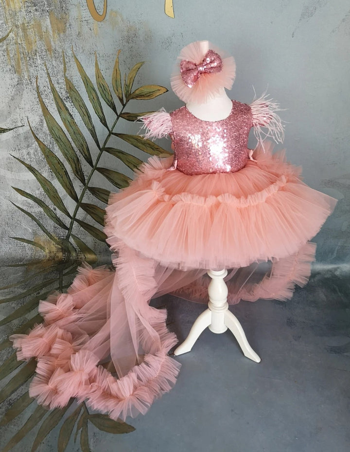 TinyTulle Elegant Coral Flower Girl Dress with Sequin Bow &amp; Detachable Train