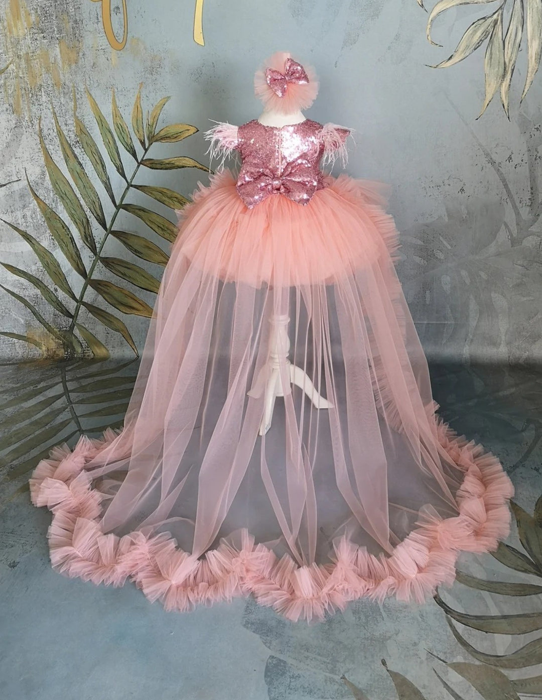 TinyTulle Elegant Coral Flower Girl Dress with Sequin Bow &amp; Detachable Train