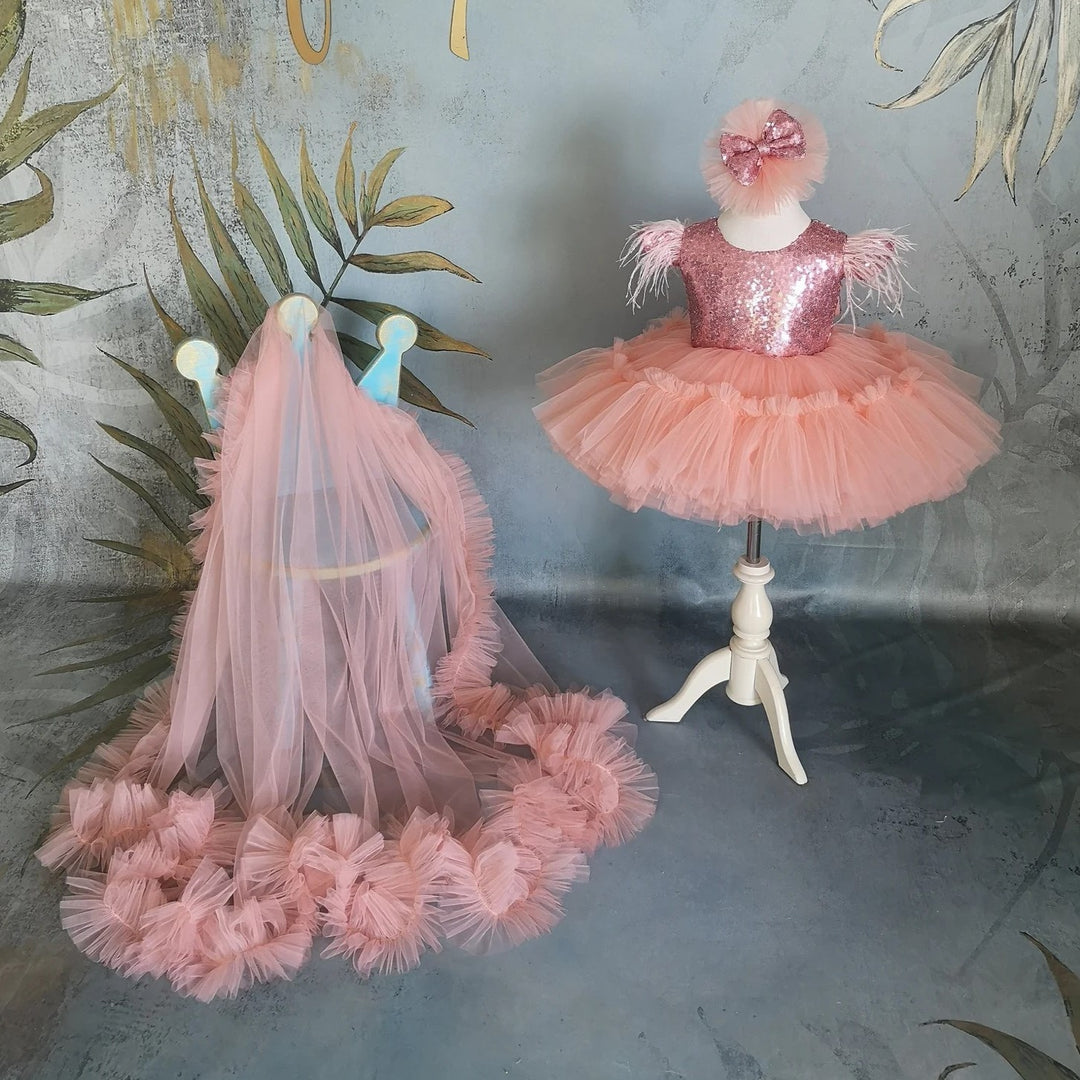 TinyTulle Elegant Coral Flower Girl Dress with Sequin Bow &amp; Detachable Train