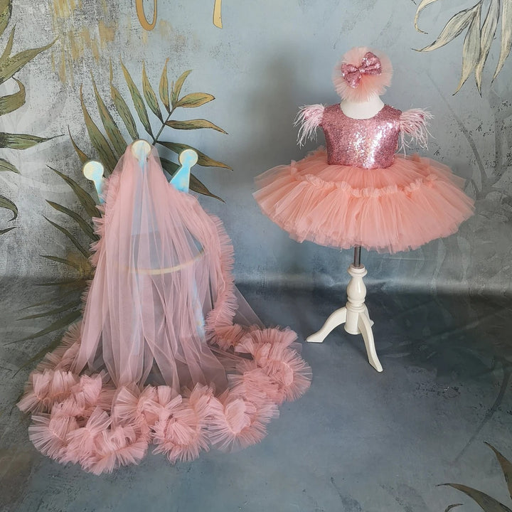 TinyTulle Elegant Coral Flower Girl Dress with Sequin Bow &amp; Detachable Train