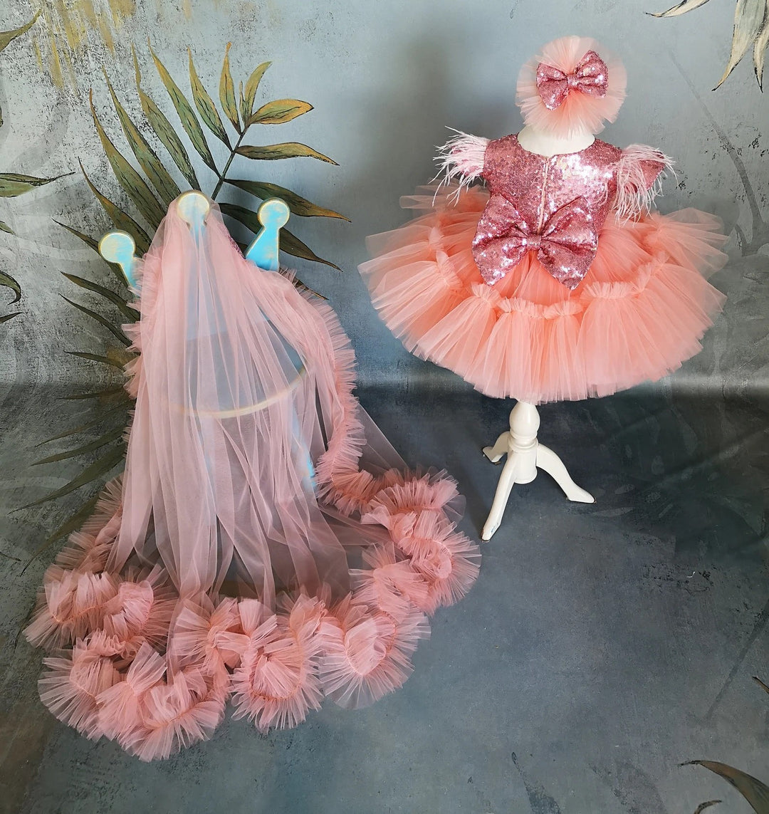 TinyTulle Elegant Coral Flower Girl Dress with Sequin Bow &amp; Detachable Train
