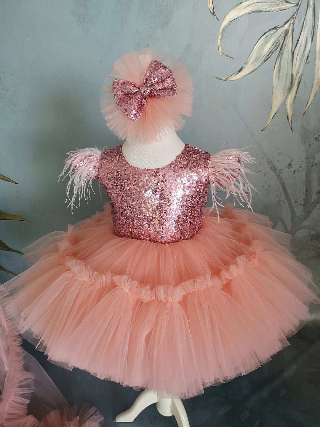TinyTulle Elegant Coral Flower Girl Dress with Sequin Bow &amp; Detachable Train