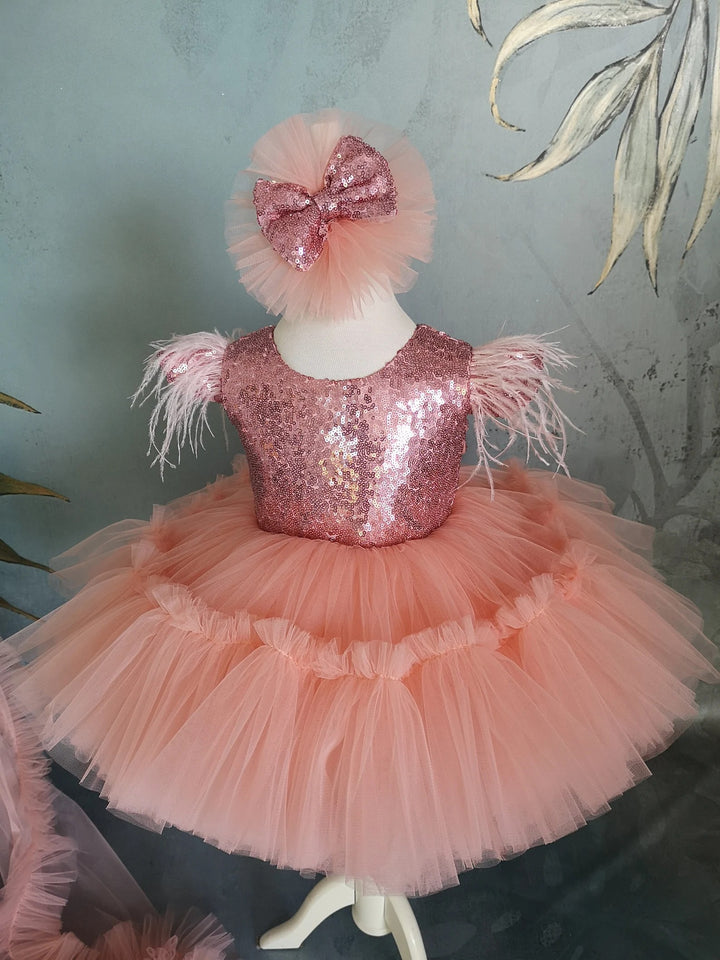 TinyTulle Elegant Coral Flower Girl Dress with Sequin Bow &amp; Detachable Train