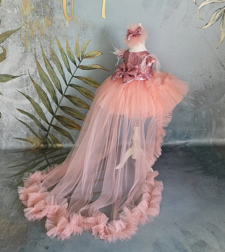 TinyTulle Elegant Coral Flower Girl Dress with Sequin Bow &amp; Detachable Train