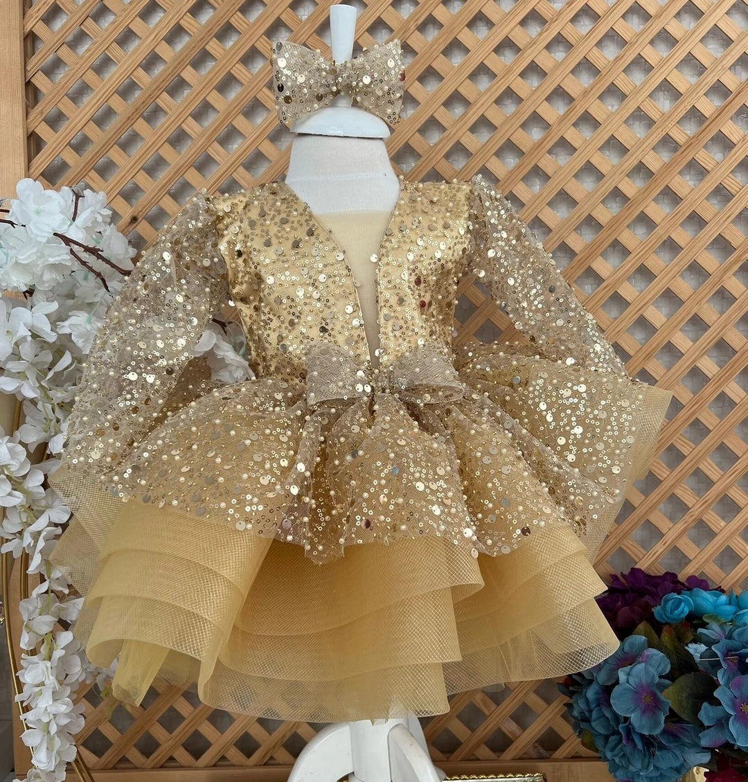 TinyTulle Golden Sparkle Long Sleeve Flower Girl Dress with Statement Bow