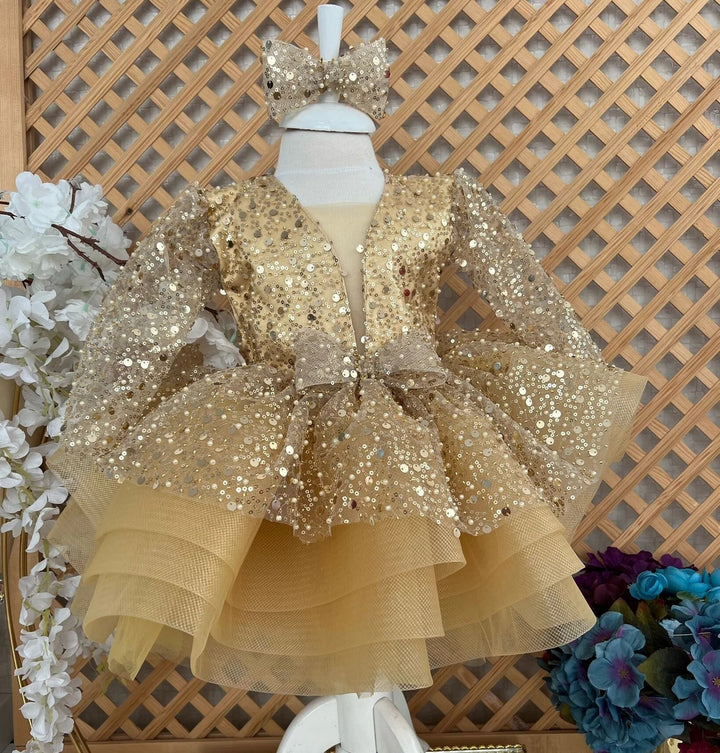 TinyTulle Golden Sparkle Long Sleeve Flower Girl Dress with Statement Bow