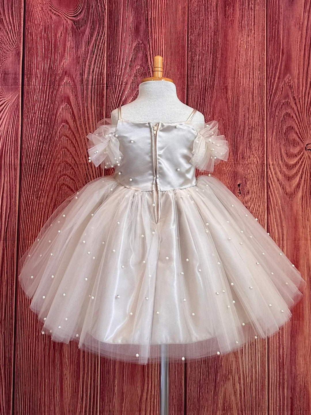 TinyTulle Champagne Off Shoulder Pearl Tulle Flower Girl Wedding Dress