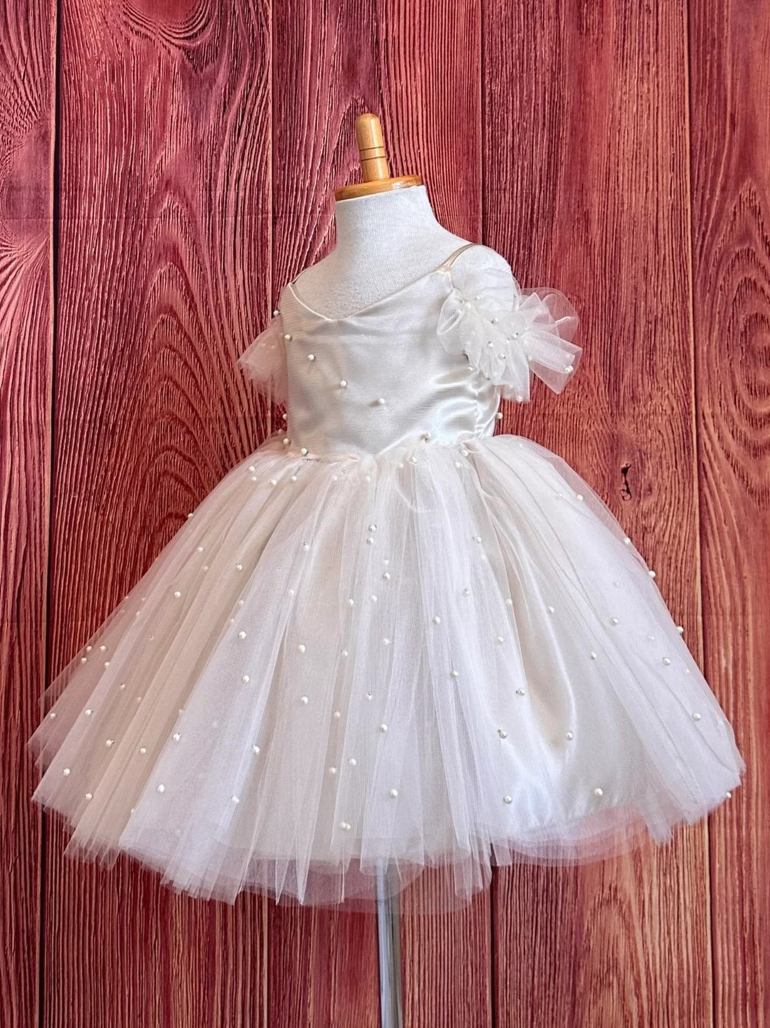 TinyTulle Champagne Off Shoulder Pearl Tulle Flower Girl Wedding Dress